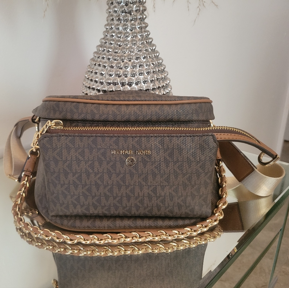 Michael Kors Slater Medium Logo Sling Pack color Brown Acorn